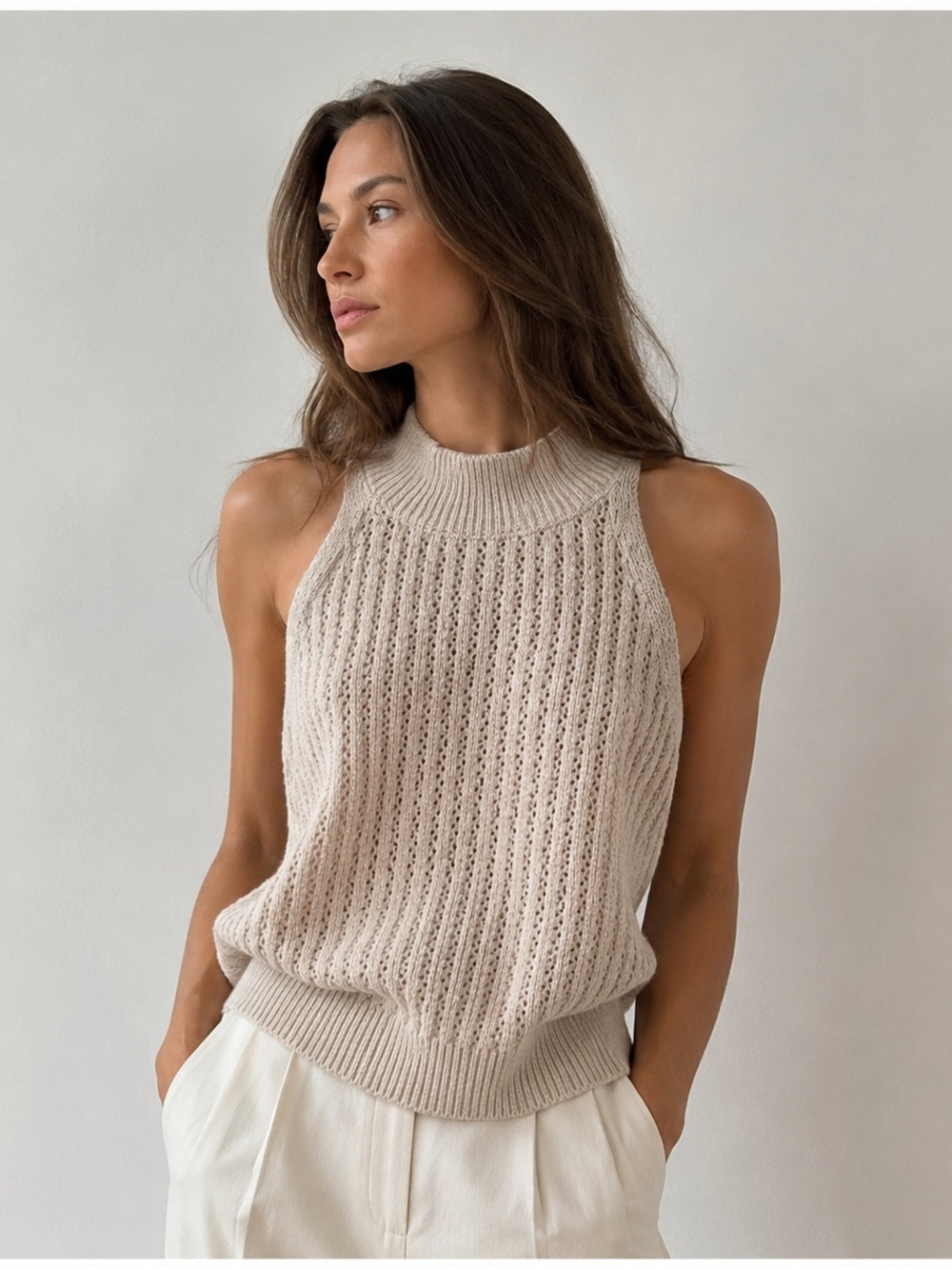 One Grey Day Knit Sweater Vest Nude Cotton Blend Sleeveless Size Small